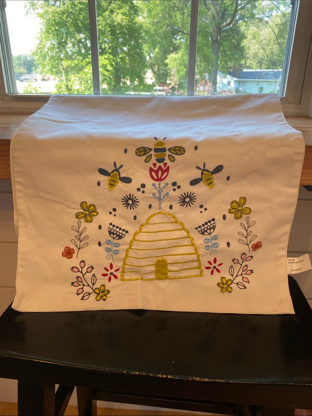 Embroidered Beehive Cream Table Runner - Yellow & Multicolor